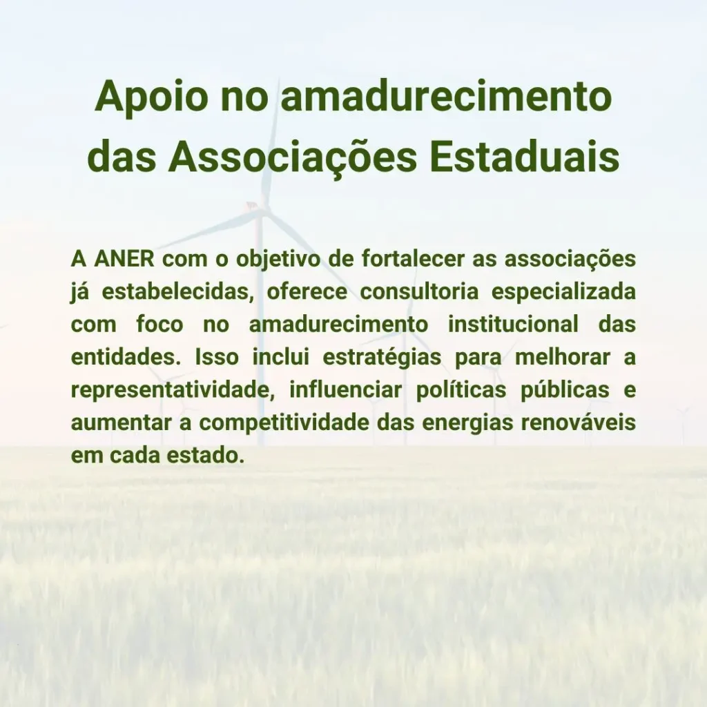 A ANER com o objetivo de fortalecer as associações já estabelecidas, oferece consultoria especializada com foco no amadurecimento institucional das entidades. Isso inclui estratégias para melhorar a representatividade, influenciar políticas públicas e aumentar a competitividade das energias renováveis em cada estado.