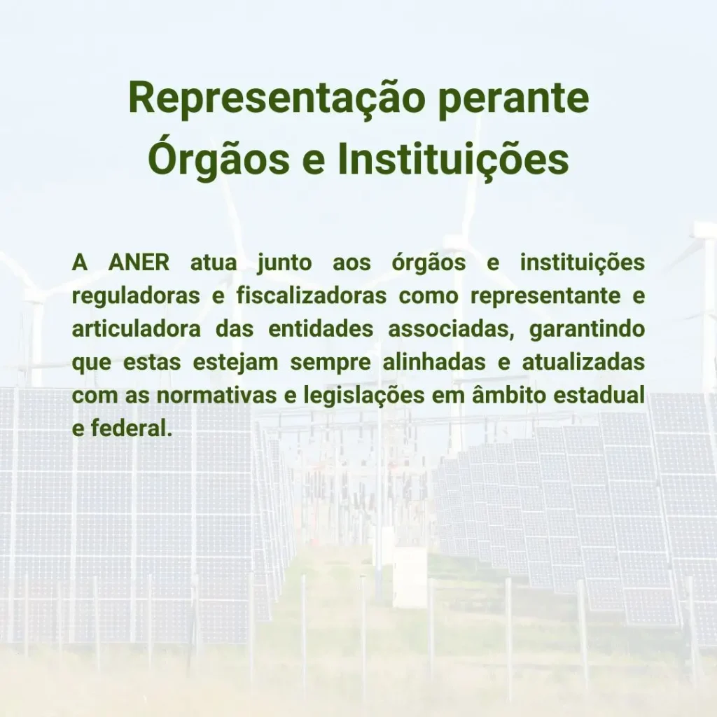 A ANER atua junto aos órgãos e instituições reguladoras e fiscalizadoras como representante e articuladora das entidades associadas, garantindo que estas estejam sempre alinhadas e atualizadas com as normativas e legislações em âmbito estadual e federal.